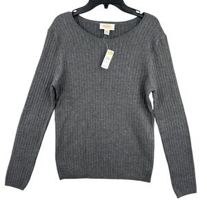 Talbots Gray Ribbed‎ Knit Long Sleeve Scoop Neck Cotton Sweater Size M NWT
